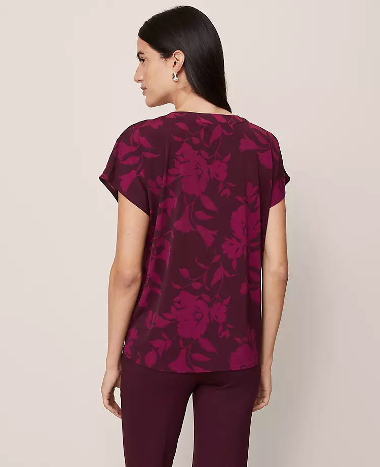 Petite Floral Mixed Media Pleat Front Top - Elegant Poised Plum Blouse 2 Petite Floral Mixed Media Pleat Front Top - Elegant Poised Plum Blouse - Image 2