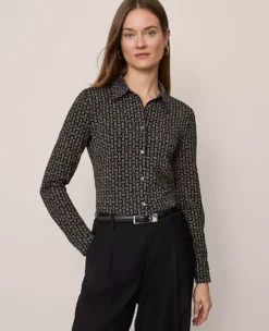 Petite Black Chain Link Long Sleeve Button Down Blouse