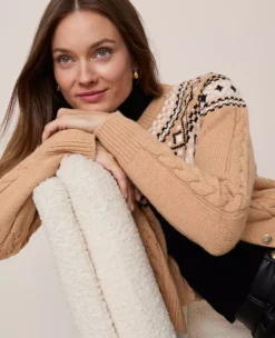 Classic Fair Isle Cable Knit Cardigan - Cafe Au Lait -Ann Taylor Store 847008 527091 ALT2