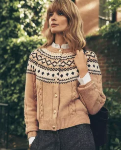 Classic Fair Isle Cable Knit Cardigan - Cafe Au Lait