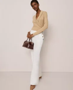 Petite Wide-Leg Winter White Pants - High Waisted Side Button Trousers