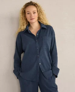 Haven Well Within Organic Cotton Rib Knit Relaxed Button Down Top - Twilight Navy