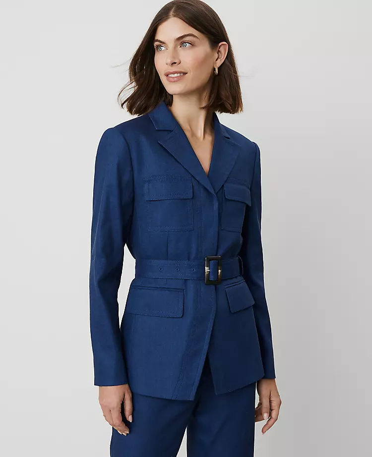 Petite Linen Blend Belted Safari Jacket in Calm Shores 1 Petite Linen Blend Belted Safari Jacket in Calm Shores