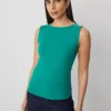 Elegant Petite Pearlized Snap Shoulder Sleeveless Knit Shell in Shady Glade