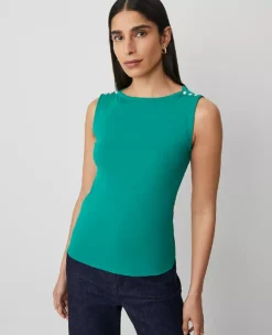 Elegant Petite Pearlized Snap Shoulder Sleeveless Knit Shell in Shady Glade