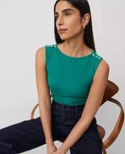 Elegant Petite Pearlized Snap Shoulder Sleeveless Knit Shell in Shady Glade -Ann Taylor Store 850287 3988 ALT2