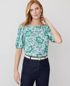 Petite Floral Boatneck Popover with Puff Sleeves in Mellow Mint