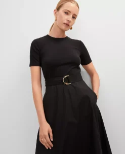Elegant Petite Mixed Media Flare Midi Dress in Classic Black