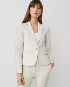 Petite One-Button Stretch Cotton Blazer in Tahini