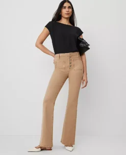 Petite High-Rise Patch Pocket Flare Jeans in Cappuccino Tan
