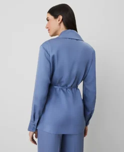 Petite Sateen Wrap Blazer in Colony Blue - Elegant Tailored Jacket -Ann Taylor Store 850389 0851 ALT1