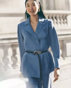 Petite Sateen Wrap Blazer in Colony Blue - Elegant Tailored Jacket