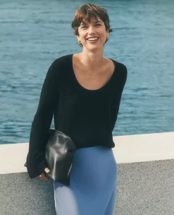 Petite Ribbed Scoop Neck Sweater with Flared Sleeves - Black