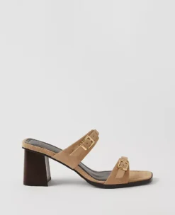 Suede Double Strap Block Heel Sandals in Light Sand