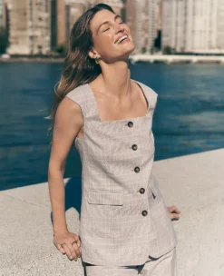 Petite Plaid Square Neck Tailored Vest - Cashew Beige