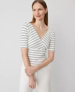 Petite Striped Crossover Neck Top - Winter White & Black Wrap Tee