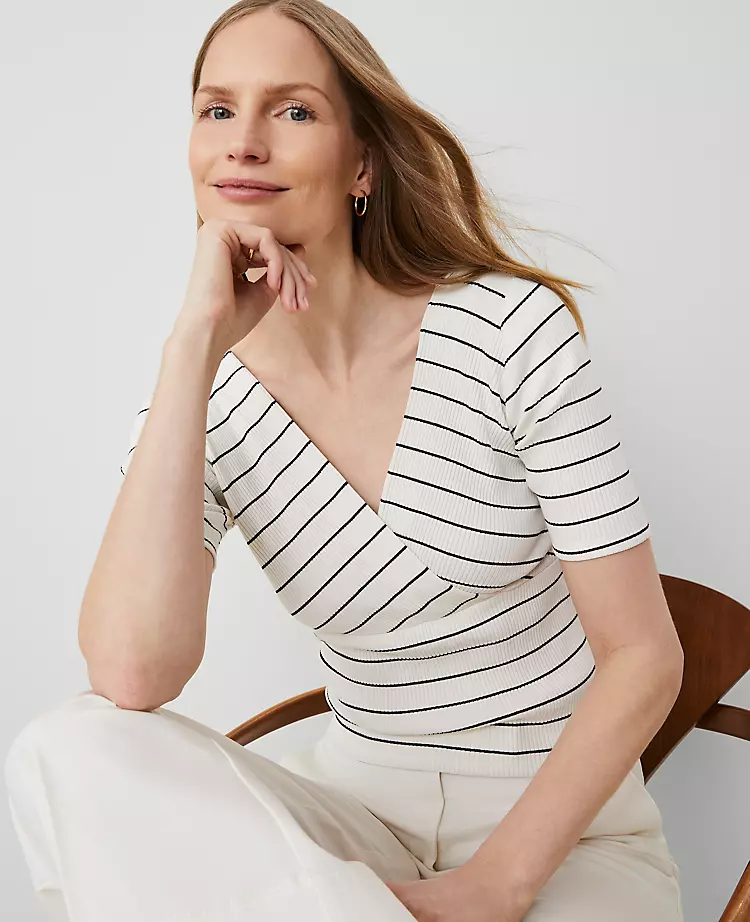 Petite Striped Crossover Neck Top - Winter White & Black Wrap Tee 3 Petite Striped Crossover Neck Top - Winter White & Black Wrap Tee - Image 3