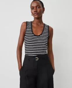 Petite Striped Scoop Neck Tank Top - Classic Black Sleeveless Essential