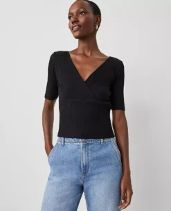 Petite Crossover Neck Top - Black Short Sleeve V-Neck Wrap Tee