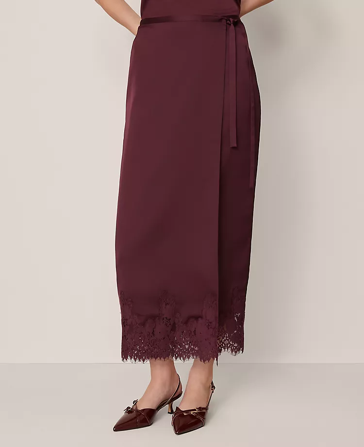 Poised Plum Satin Lace Hem Wrap Midi Skirt 3 Poised Plum Satin Lace Hem Wrap Midi Skirt - Image 3