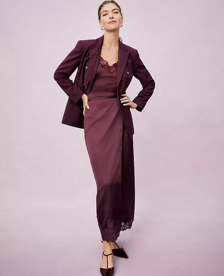 Poised Plum Satin Lace Hem Wrap Midi Skirt 1 Poised Plum Satin Lace Hem Wrap Midi Skirt