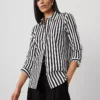 Women's Petite Striped Relaxed Fit Button-Down Shirt in Black