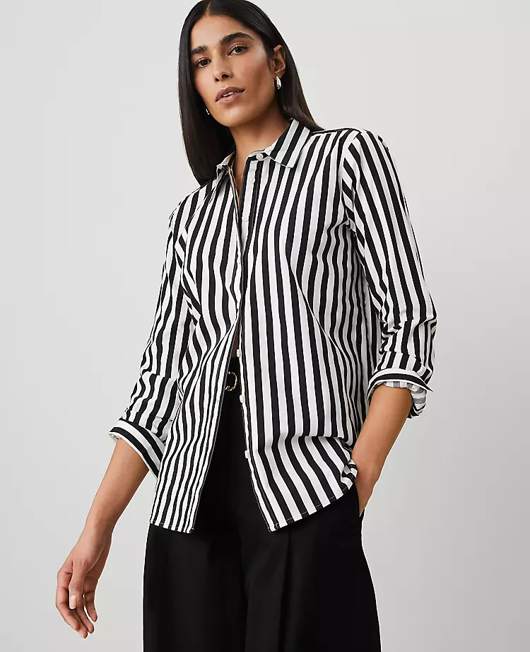 Women's Petite Striped Relaxed Fit Button-Down Shirt in Black 1 Women's Petite Striped Relaxed Fit Button-Down Shirt in Black