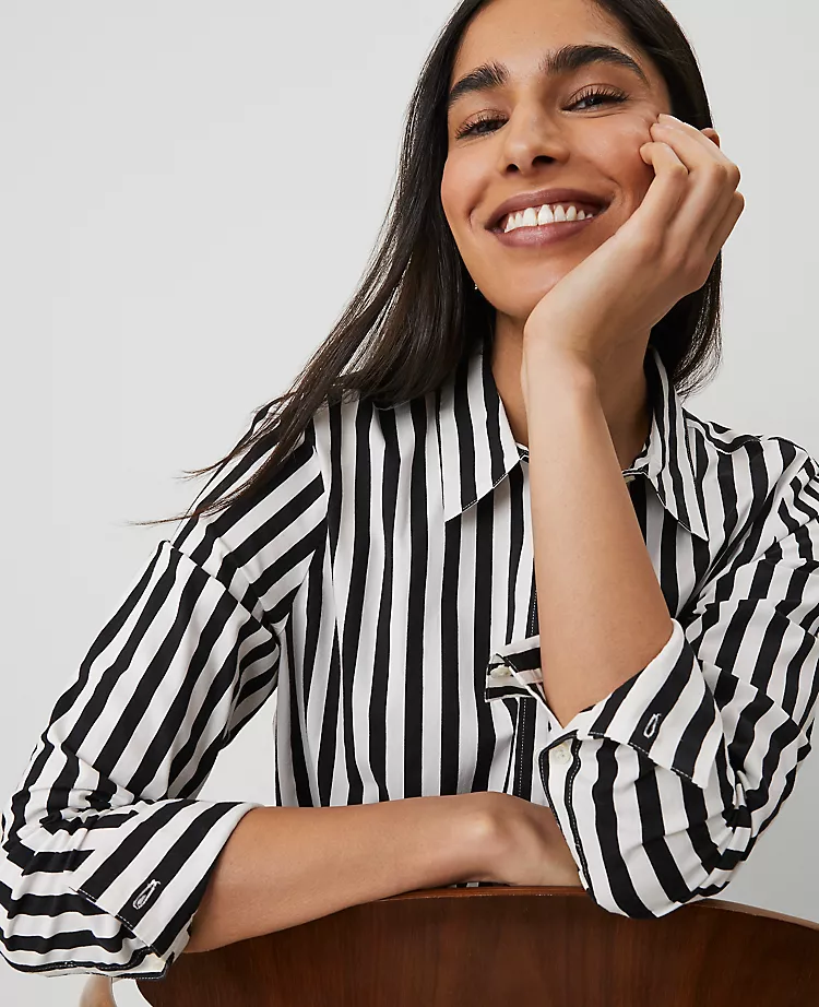 Women's Petite Striped Relaxed Fit Button-Down Shirt in Black 3 Women's Petite Striped Relaxed Fit Button-Down Shirt in Black - Image 3