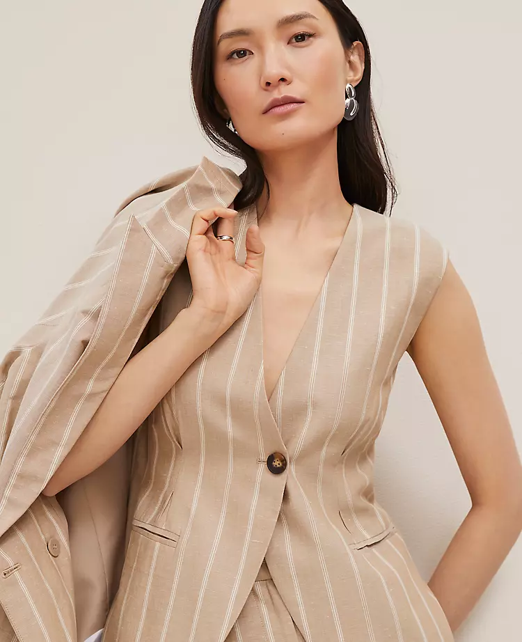 The Petite Tucked Waist Vest In Pinstripe Sandstorm 1 The Petite Tucked Waist Vest In Pinstripe Sandstorm