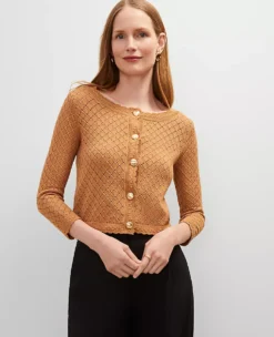 Petite Scalloped Ballet Neck Cardigan in Pecan - 3/4 Sleeve Cotton Sweater