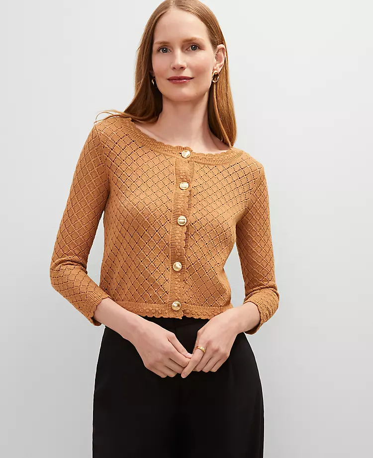 Petite Scalloped Ballet Neck Cardigan in Pecan - 3/4 Sleeve Cotton Sweater 1 Petite Scalloped Ballet Neck Cardigan in Pecan - 3/4 Sleeve Cotton Sweater