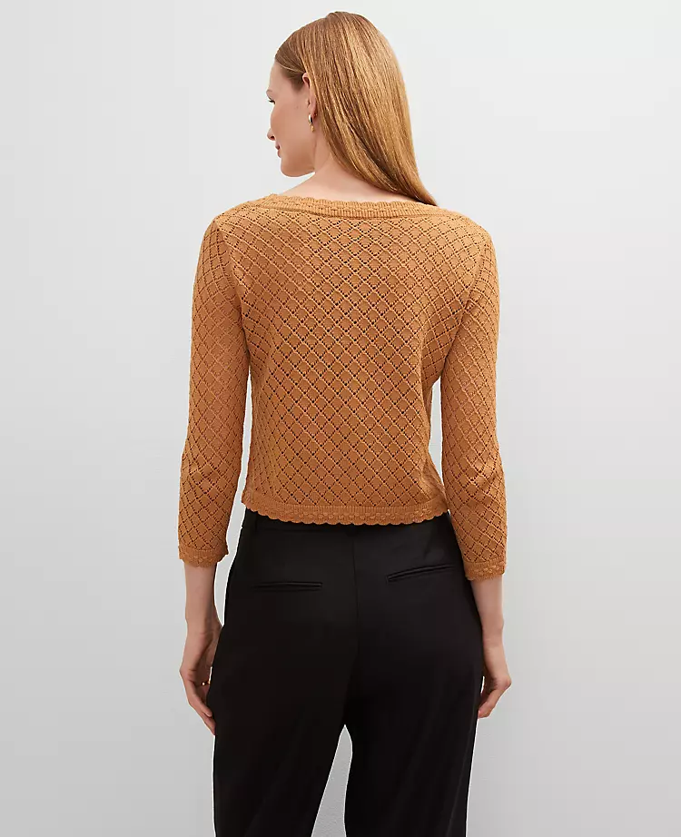 Petite Scalloped Ballet Neck Cardigan in Pecan - 3/4 Sleeve Cotton Sweater 2 Petite Scalloped Ballet Neck Cardigan in Pecan - 3/4 Sleeve Cotton Sweater - Image 2