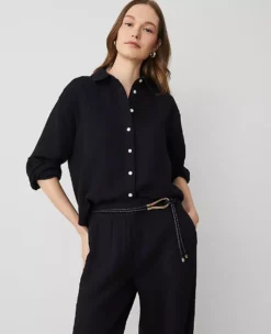 Petite Oversized Black Cotton Gauze Blouse - Relaxed Fit Top
