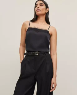 Petite Lace Trim Square Neck Tank Top in Black