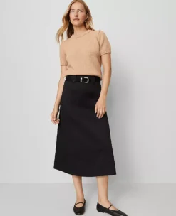 Full Midi Skirt with Cargo Detailing - Black Cotton A-Line Skirt