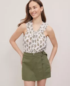 Ann Taylor Petite Weekend Fern Eyelet Tie Neck Top - Moss Green