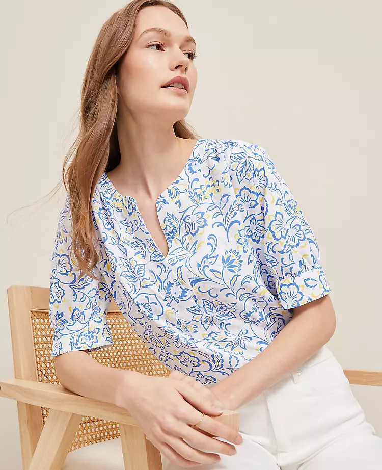 Petite Paisley Floral Half Sleeve Popover Top in White 1 Petite Paisley Floral Half Sleeve Popover Top in White