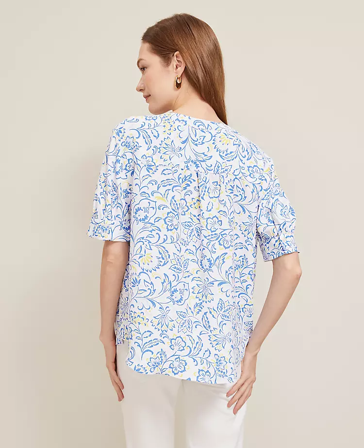 Petite Paisley Floral Half Sleeve Popover Top in White 2 Petite Paisley Floral Half Sleeve Popover Top in White - Image 2