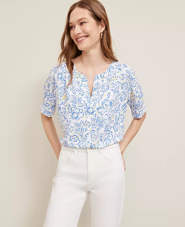 Petite Paisley Floral Half Sleeve Popover Top in White 3 Petite Paisley Floral Half Sleeve Popover Top in White - Image 3