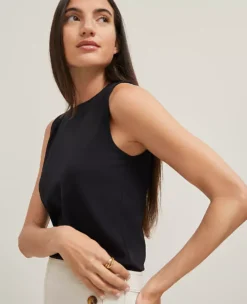 Petite Sleeveless Crew Neck Shell - Soft Cotton Stretch Top in Black