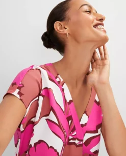 Elegant Petite Mixed Media Floral Top - Flowy Pleated V-Neck in Rose Violet