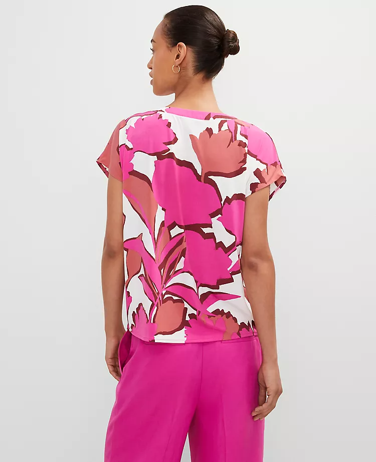 Elegant Petite Mixed Media Floral Top - Flowy Pleated V-Neck in Rose Violet 2 Elegant Petite Mixed Media Floral Top - Flowy Pleated V-Neck in Rose Violet - Image 2