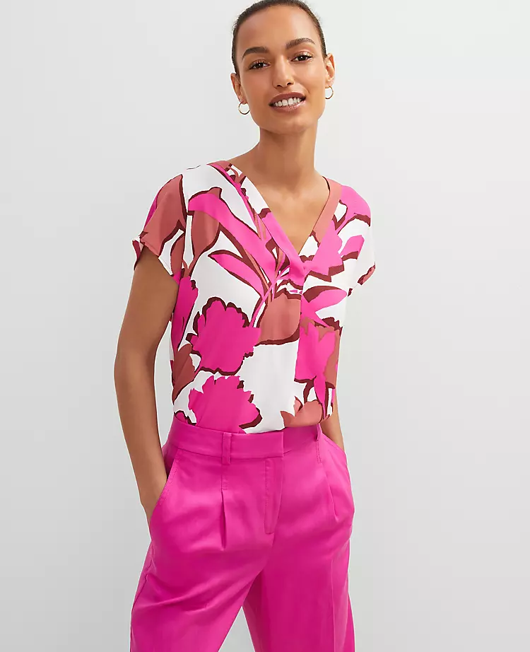 Elegant Petite Mixed Media Floral Top - Flowy Pleated V-Neck in Rose Violet 3 Elegant Petite Mixed Media Floral Top - Flowy Pleated V-Neck in Rose Violet - Image 3