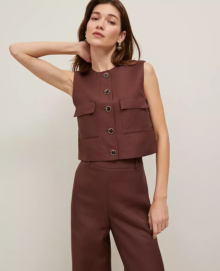 Petite Cropped Linen Blend Vest with Patch Pockets in Rich Walnut 1 Petite Cropped Linen Blend Vest with Patch Pockets in Rich Walnut