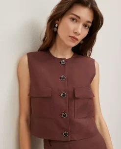 Petite Cropped Linen Blend Vest with Patch Pockets in Rich Walnut 5 Petite Cropped Linen Blend Vest with Patch Pockets in Rich Walnut -Ann Taylor Store 850939 019660 ALT2