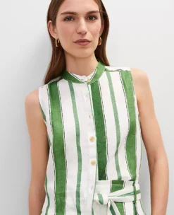 Petite Striped Linen Tank Top in Leafy Green