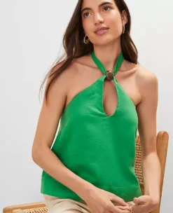 Petite Linen Blend Halter Top - Natural Green Keyhole Sleeveless Blouse