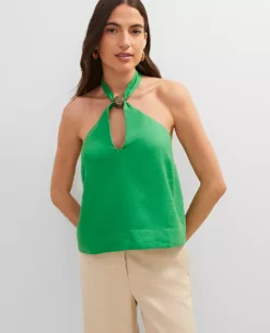 Petite Linen Blend Halter Top - Natural Green Keyhole Sleeveless Blouse -Ann Taylor Store 850972 1025 ALT2