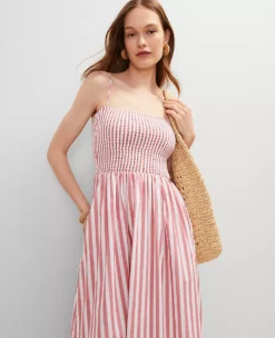 Petite Striped Maxi Flare Dress with Smocked Waist - Burnt Mauve