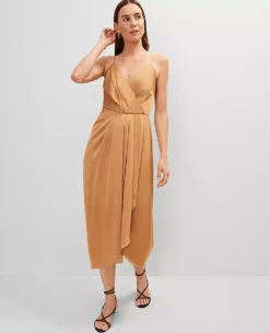 Petite Draped Midi Sheath Dress – Elegant Pecan Crossover V-Neck